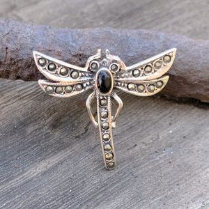 Black Onyx & Marcasite Dragonfly Brooch